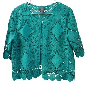 Rabbit Rabbit Rabbit Designs‎ Teal Green Floral Lace Short Sleeve Cardigan Med